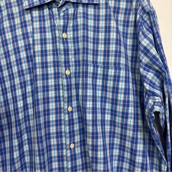 Peter Millar Blue Plaid Check Button Up Dress Shirt Men's Large Cotton Casual - Picture 2 of 13